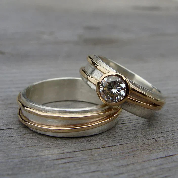 Ensemble de bagues vintage en or et argent avec zirconia