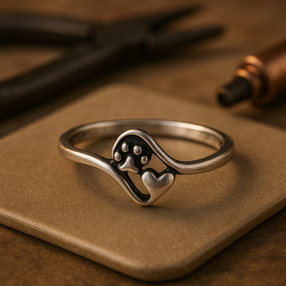 Bague Vintage En Argent Avec Empreinte de Patte et Motif Cœur