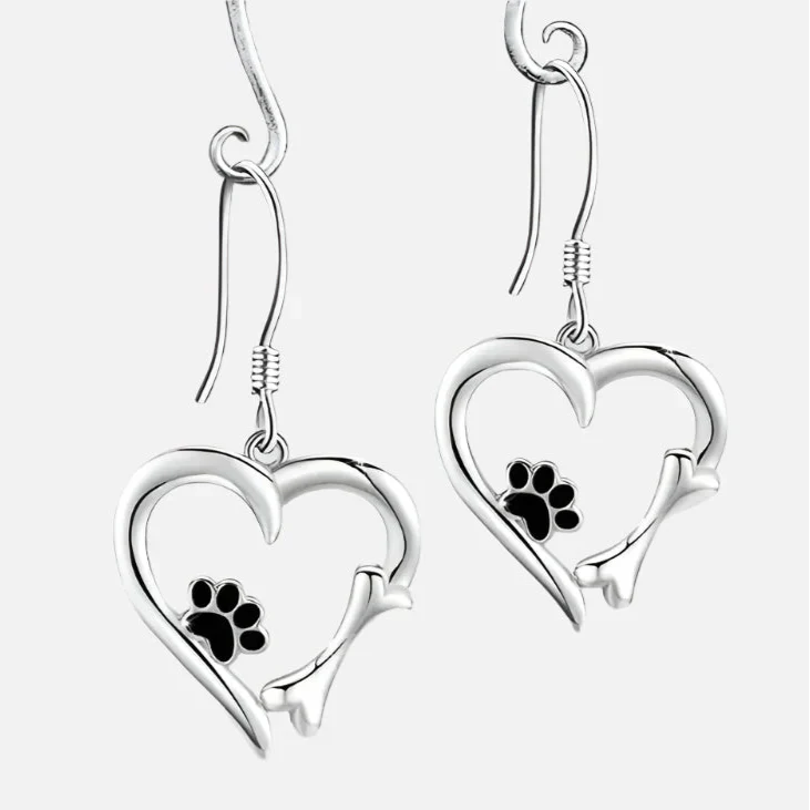 Boucles D'oreilles En Argent à Motif Cœur Et Empreintes De Pattes