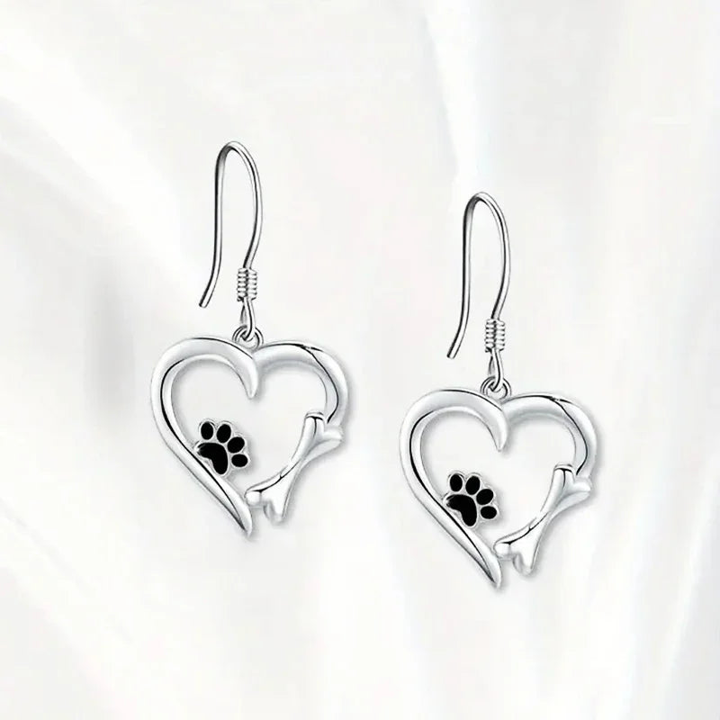 Boucles D'oreilles En Argent à Motif Cœur Et Empreintes De Pattes