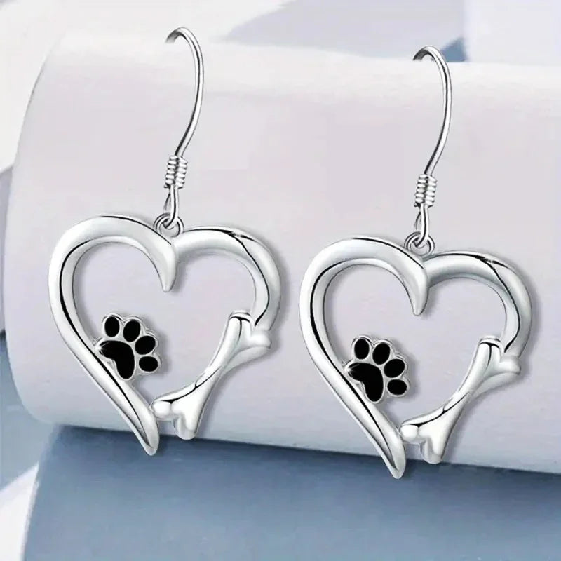 Boucles D'oreilles En Argent à Motif Cœur Et Empreintes De Pattes