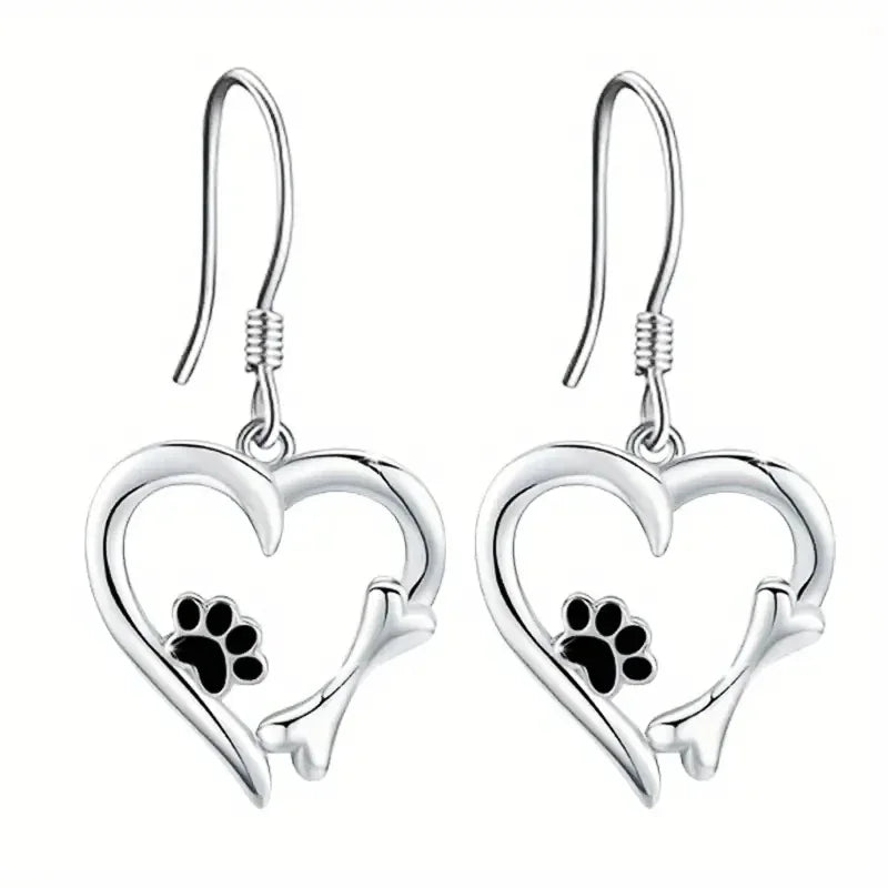 Boucles D'oreilles En Argent à Motif Cœur Et Empreintes De Pattes