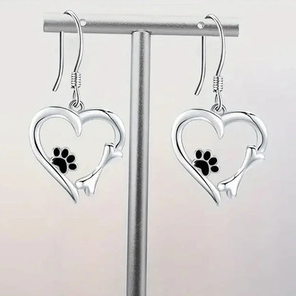 Boucles D'oreilles En Argent à Motif Cœur Et Empreintes De Pattes