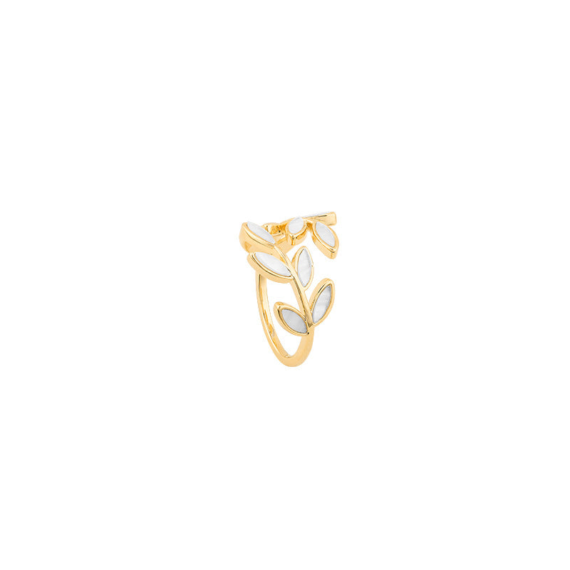 Bague Ajustable en Or avec Feuille et Opale Blanche