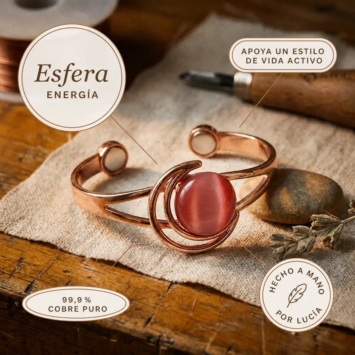Pulsera de cobre Esfera rosa