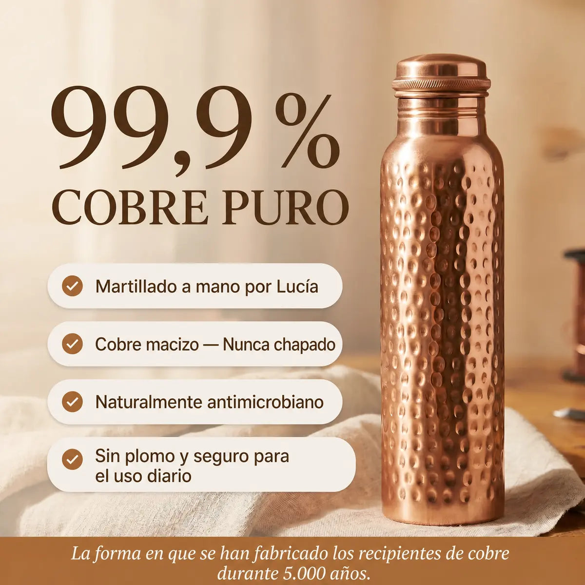 Botella de agua de cobre puro