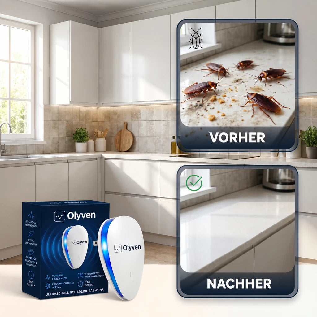 Olyven™ Ultraschall-Schädlingsvertreiber – Vertreibt Kakerlaken & 14 weitere Schädlinge für immer