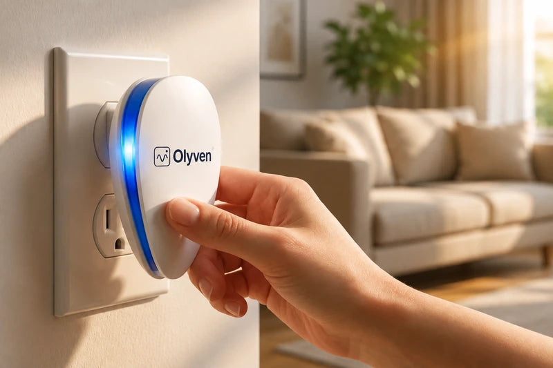 Olyven Gerät mit blau leuchtender LED in der Steckdose